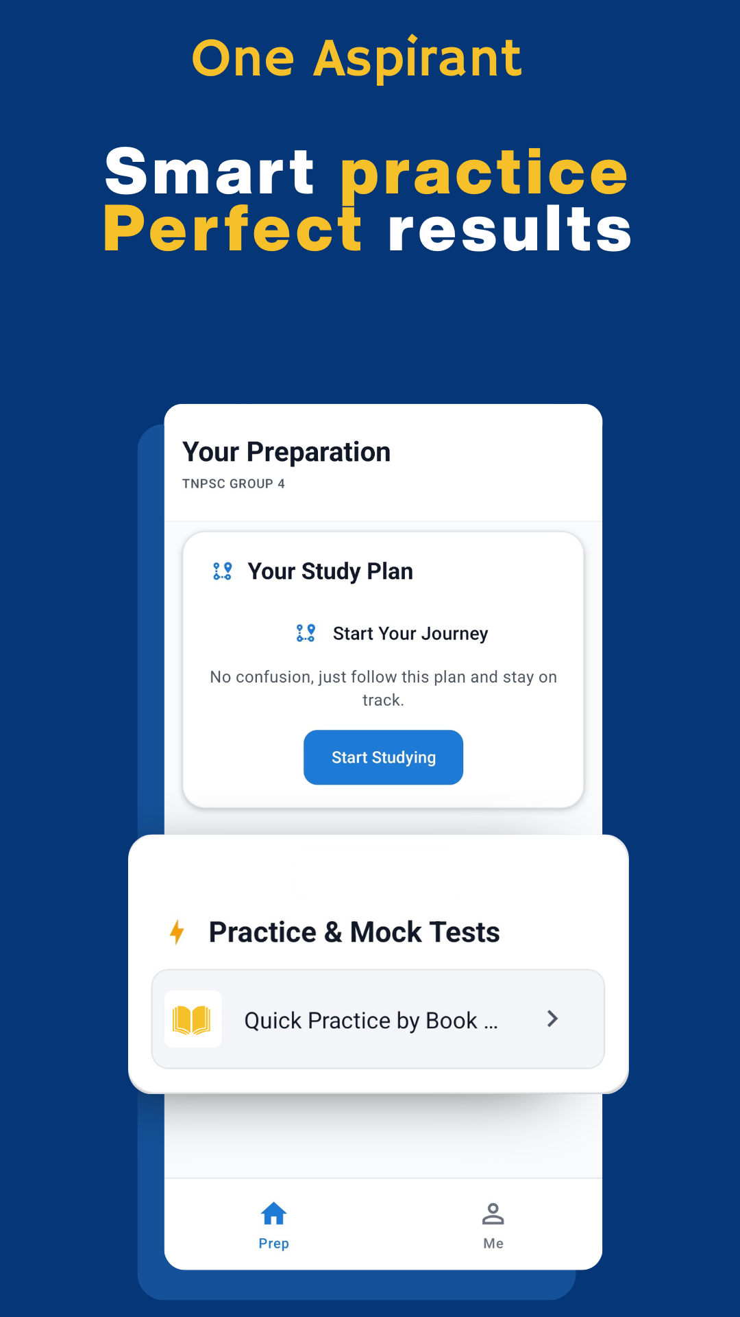 OneAspirant practice and mock tests screen for TNPSC preparation