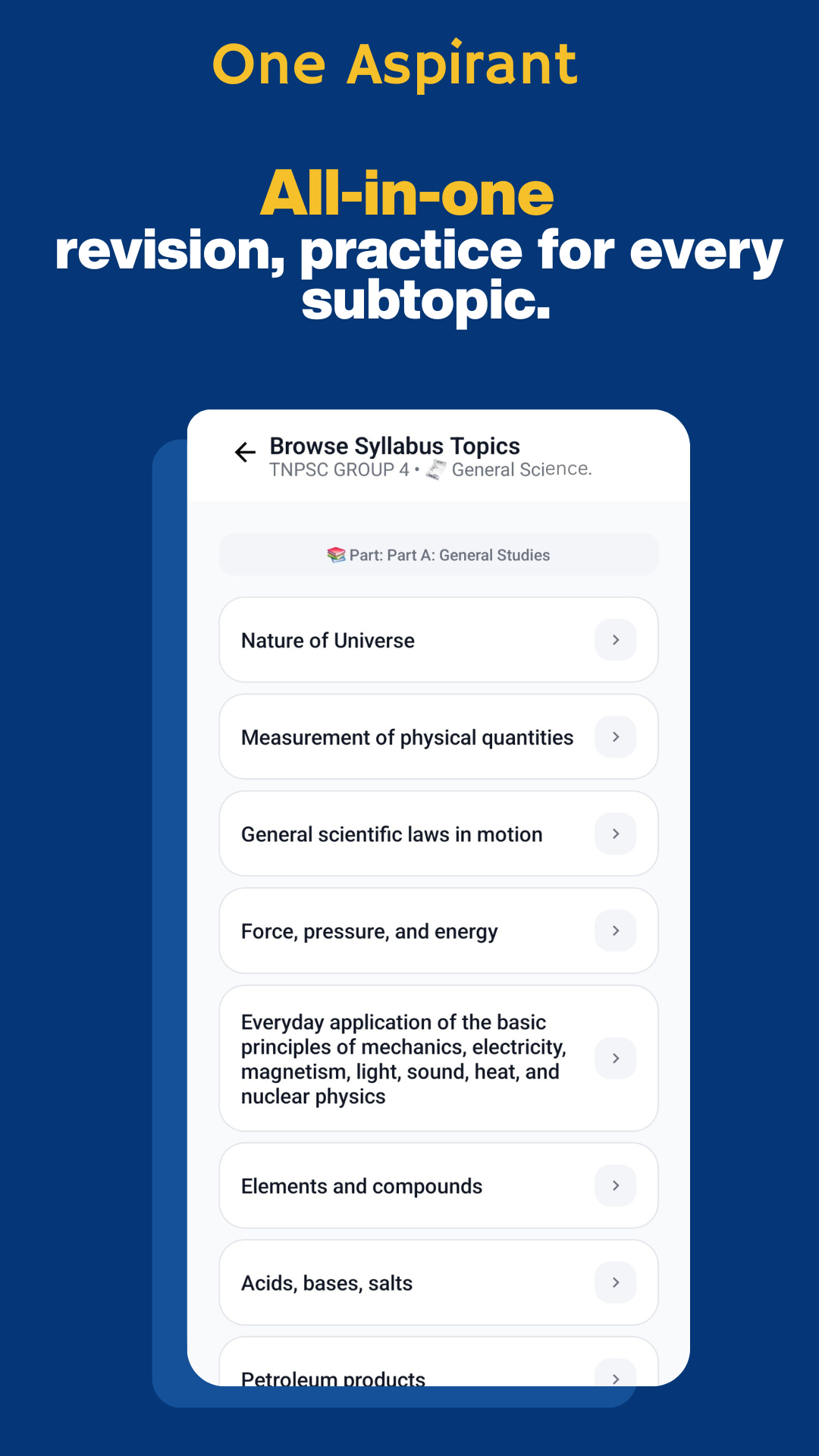 OneAspirant subtopic-wise TNPSC revision screen