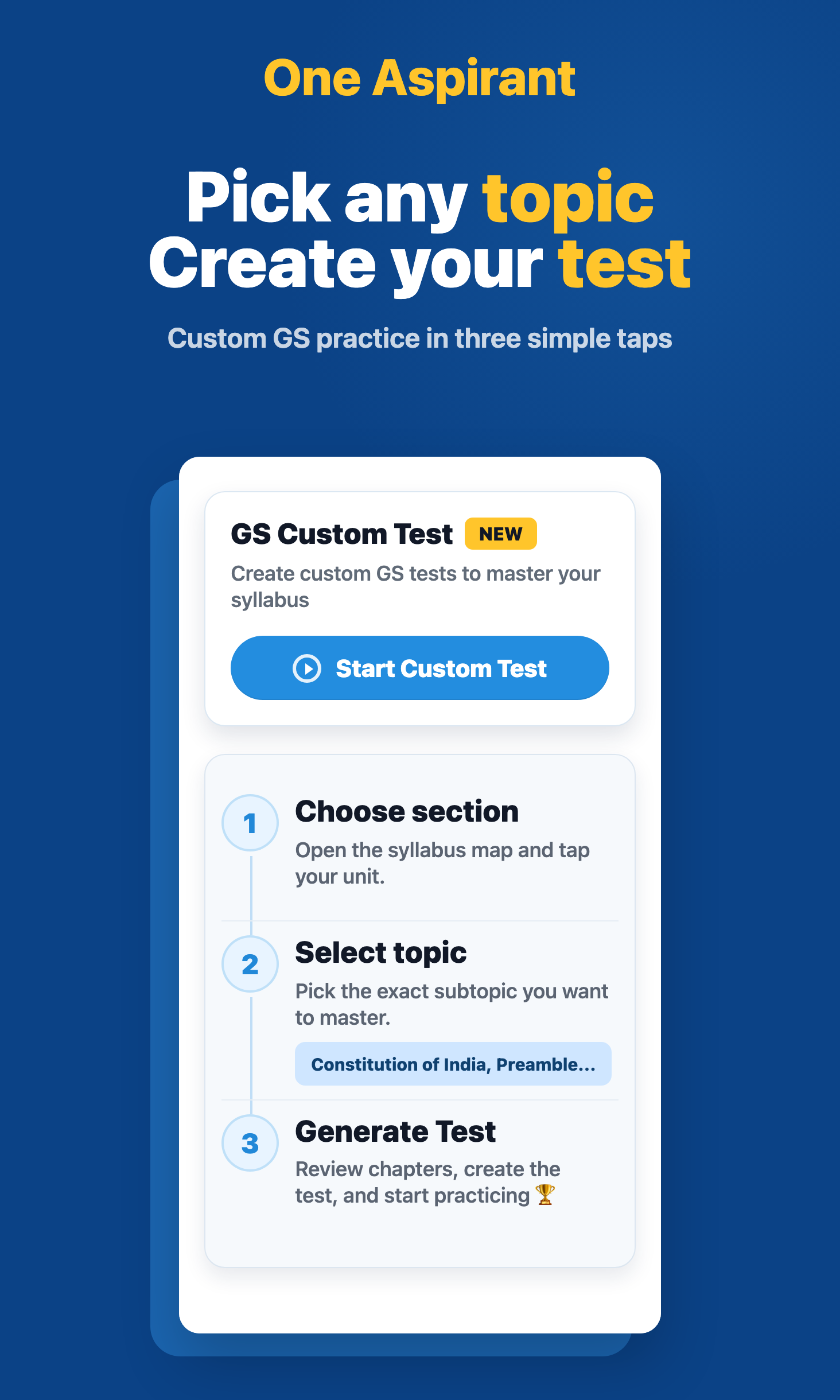 OneAspirant GS Custom Test poster for creating TNPSC General Studies practice tests by section and topic